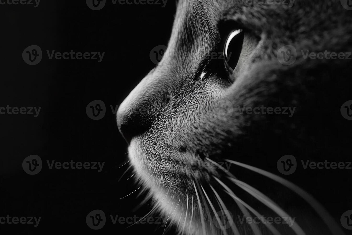 Cat profile with striking features in black and white photo