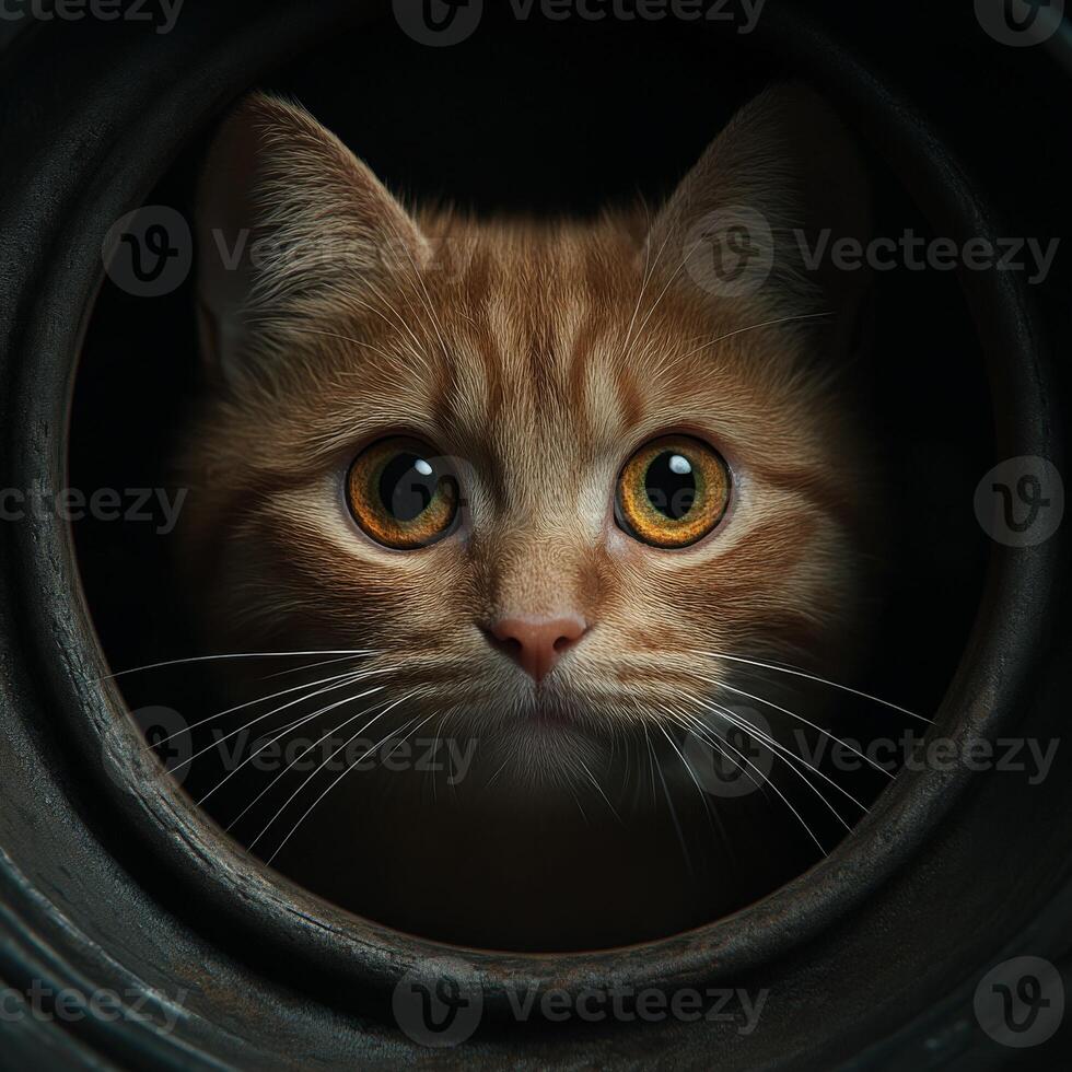 Ginger cat peering from a dark circular opening photo