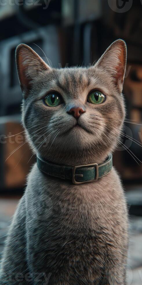 Gray cat with striking green eyes sits calmly indoors photo
