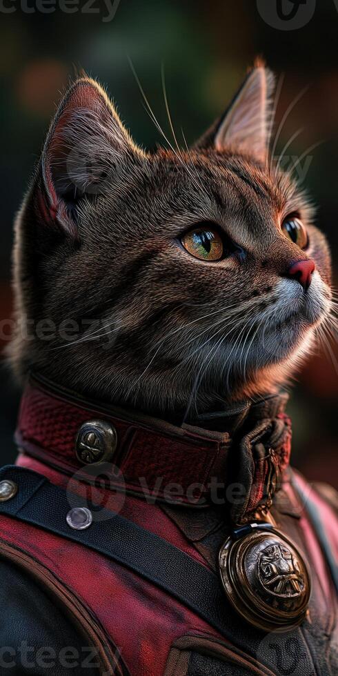 Cat dressed in a vintage outfit with a collar in nature photo
