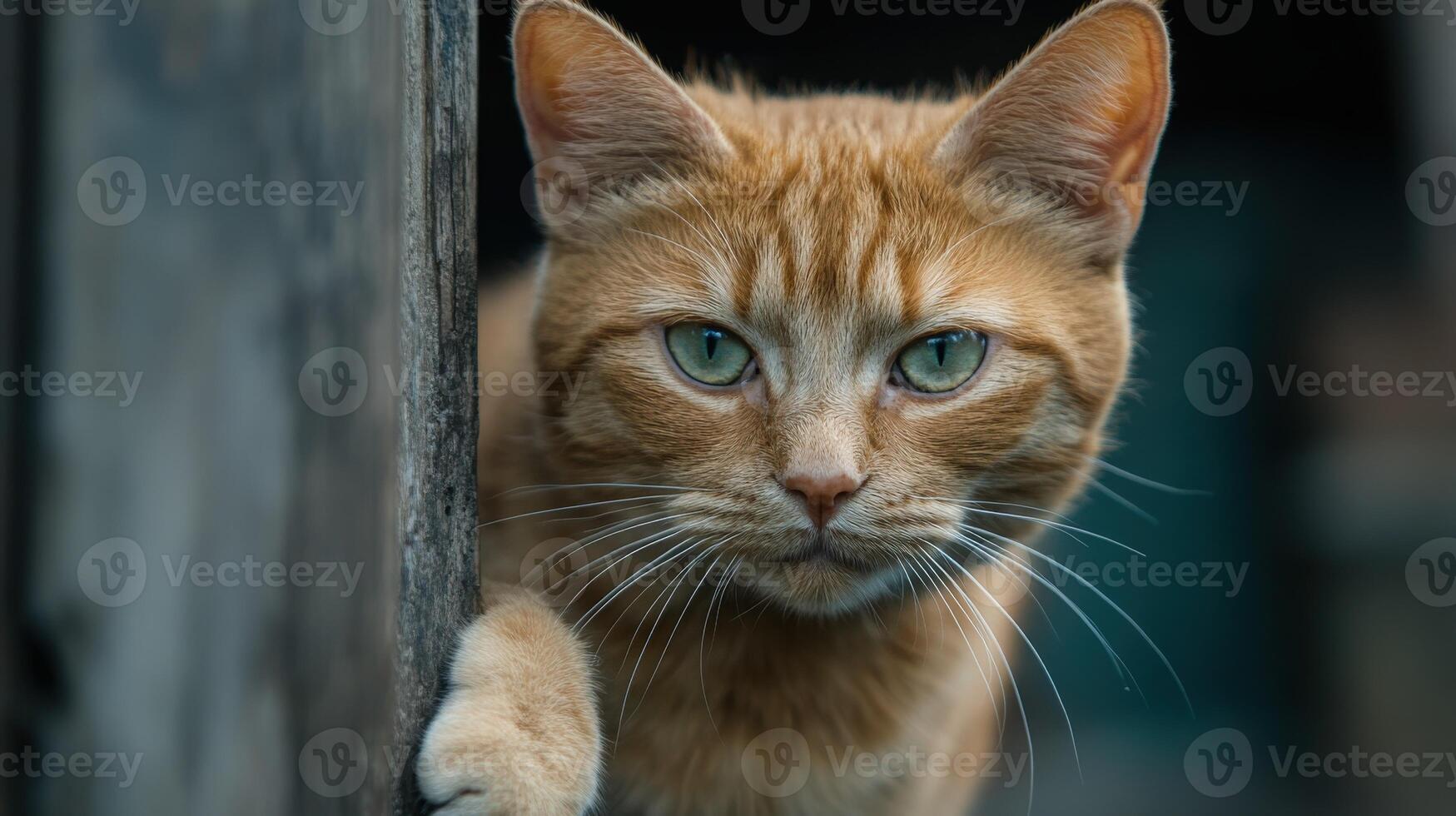 Orange tabby cat gazing intently near wooden fence photo