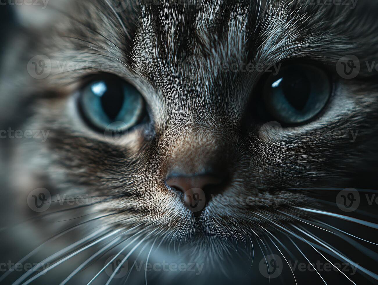 Close-up of a curious cat with striking blue eyes photo