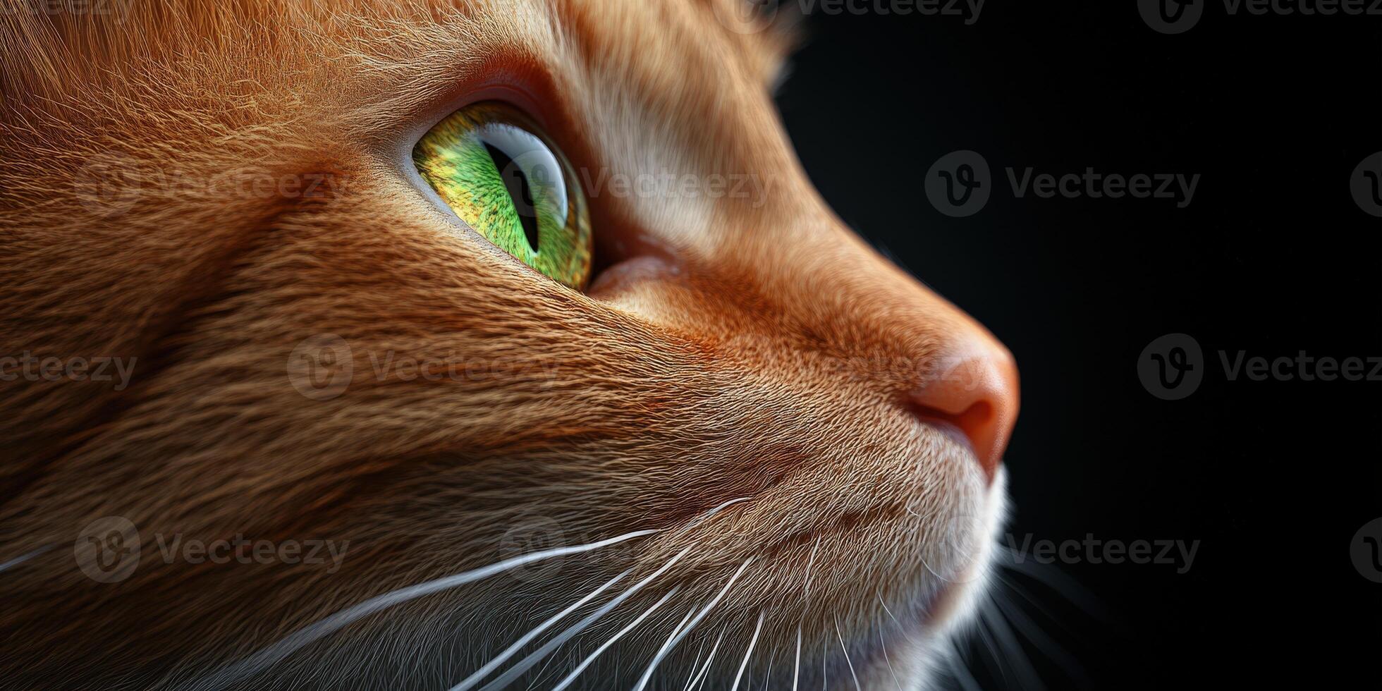 Close-up view of a ginger cat's face with striking green eyes photo