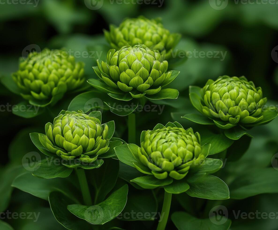 Green blooms in lush foliage create a serene garden atmosphere photo