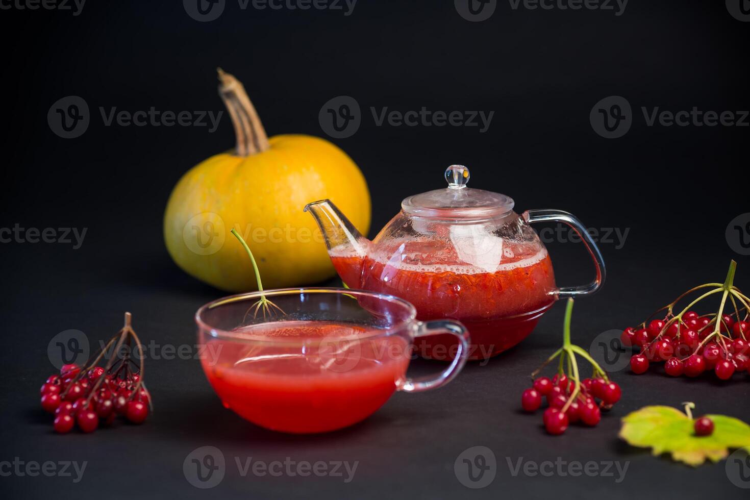 nutritious vitamin tea from viburnum berries, isolated on black background photo