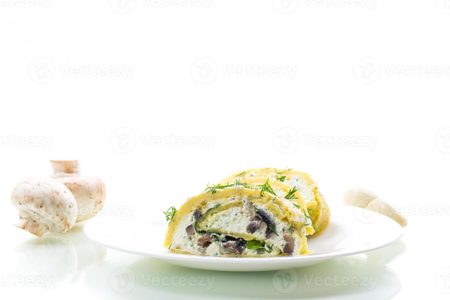 baked potato roll with cottage cheese filling with garlic and mushrooms, isolated on white background photo