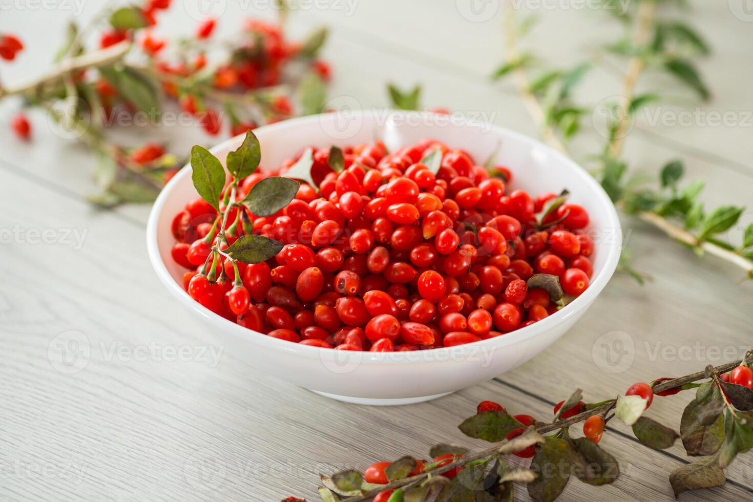 fresh ripe red goji berries in a bowl on a wooden table photo