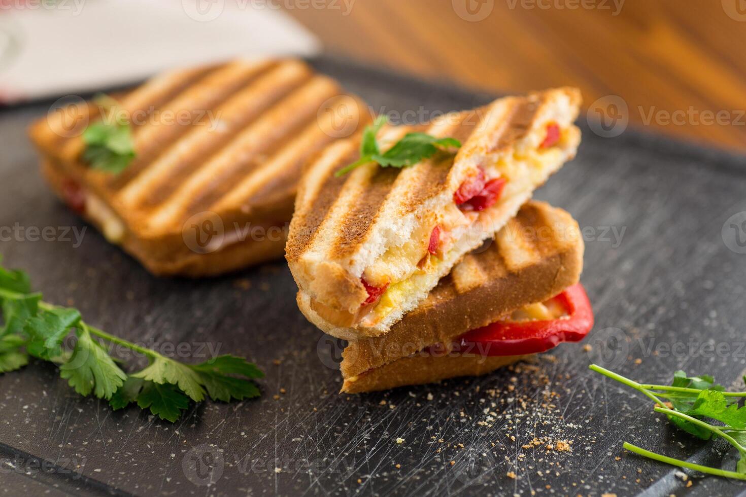 grilled fried bread toasts with filling inside photo