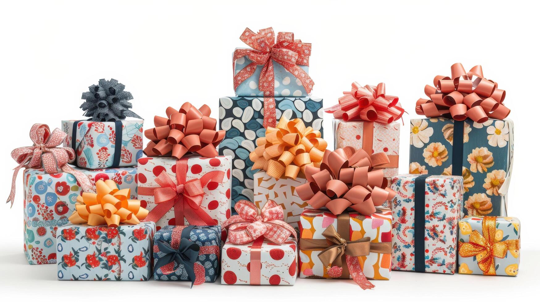 A captivating array of beautifully wrapped gifts in an explosion of colors and patterns, each finished with a grand bow. photo