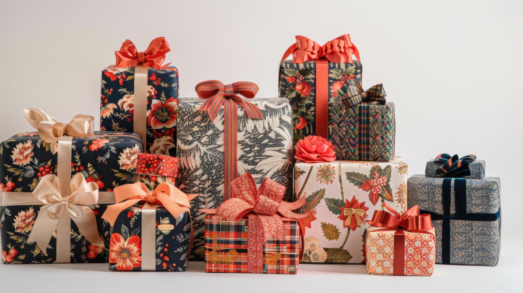 A captivating array of beautifully wrapped gifts in an explosion of colors and patterns, each finished with a grand bow. photo