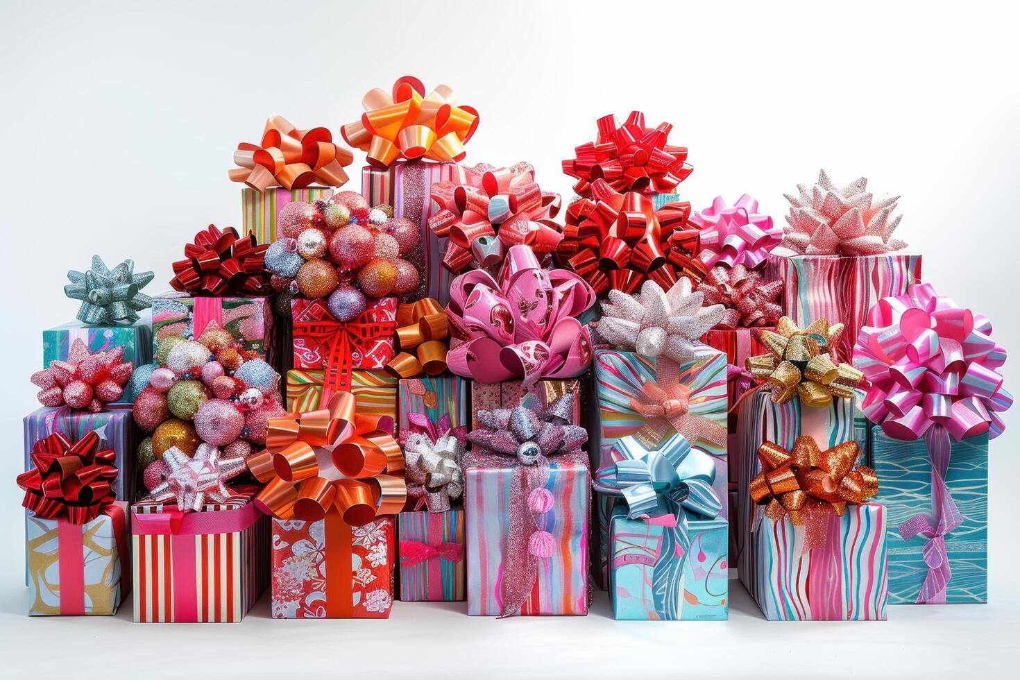 A captivating array of beautifully wrapped gifts in an explosion of colors and patterns, each finished with a grand bow. photo