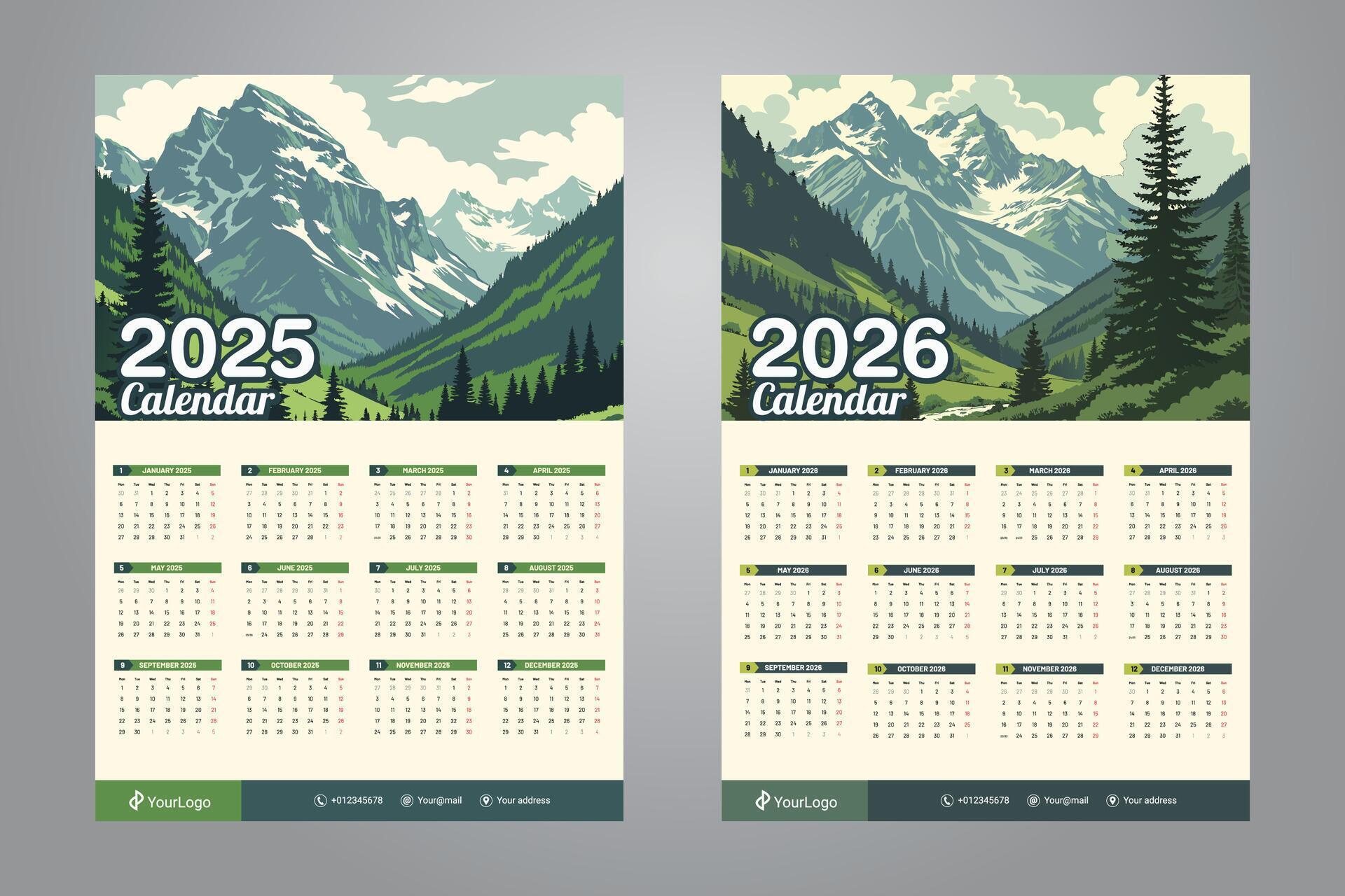 2025 and 2026 Wall Calendar with Scenic Mountain Views 53202144 Vector