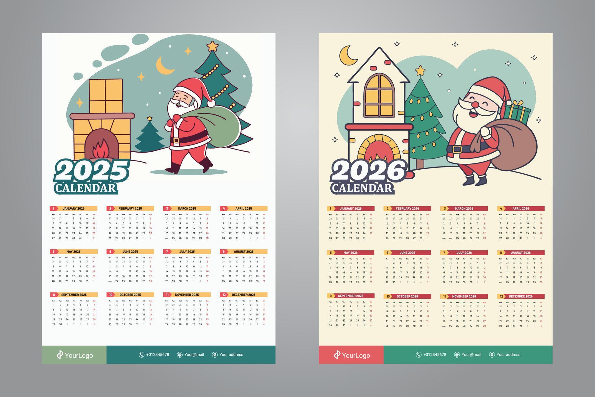 2025 and 2026 Wall Calendar design with christmas cartoon background