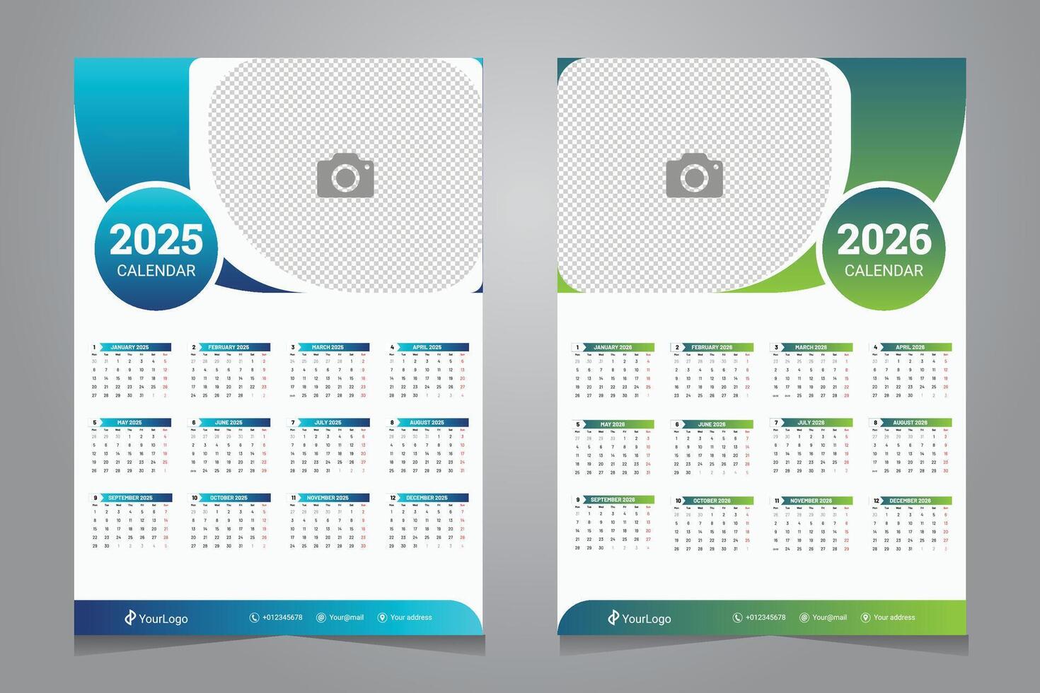 blue and green wall calendar design for 2025 and 2026 with abstract shape gradient template vector