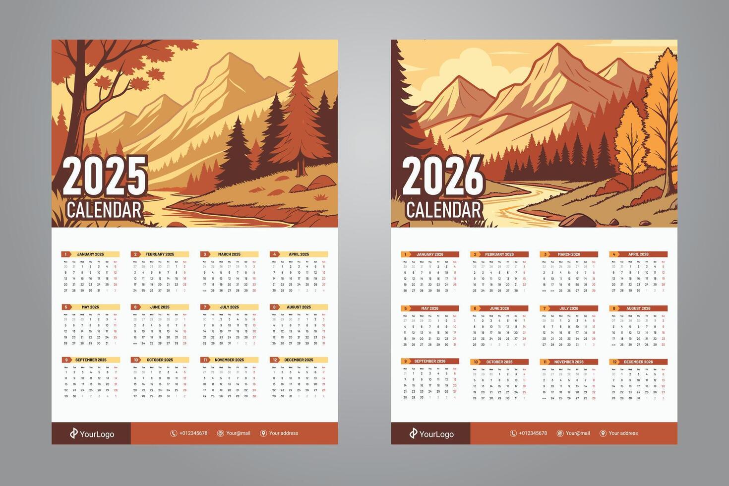 one page wall calendar design for 2025 and 2026 with scenery mountain