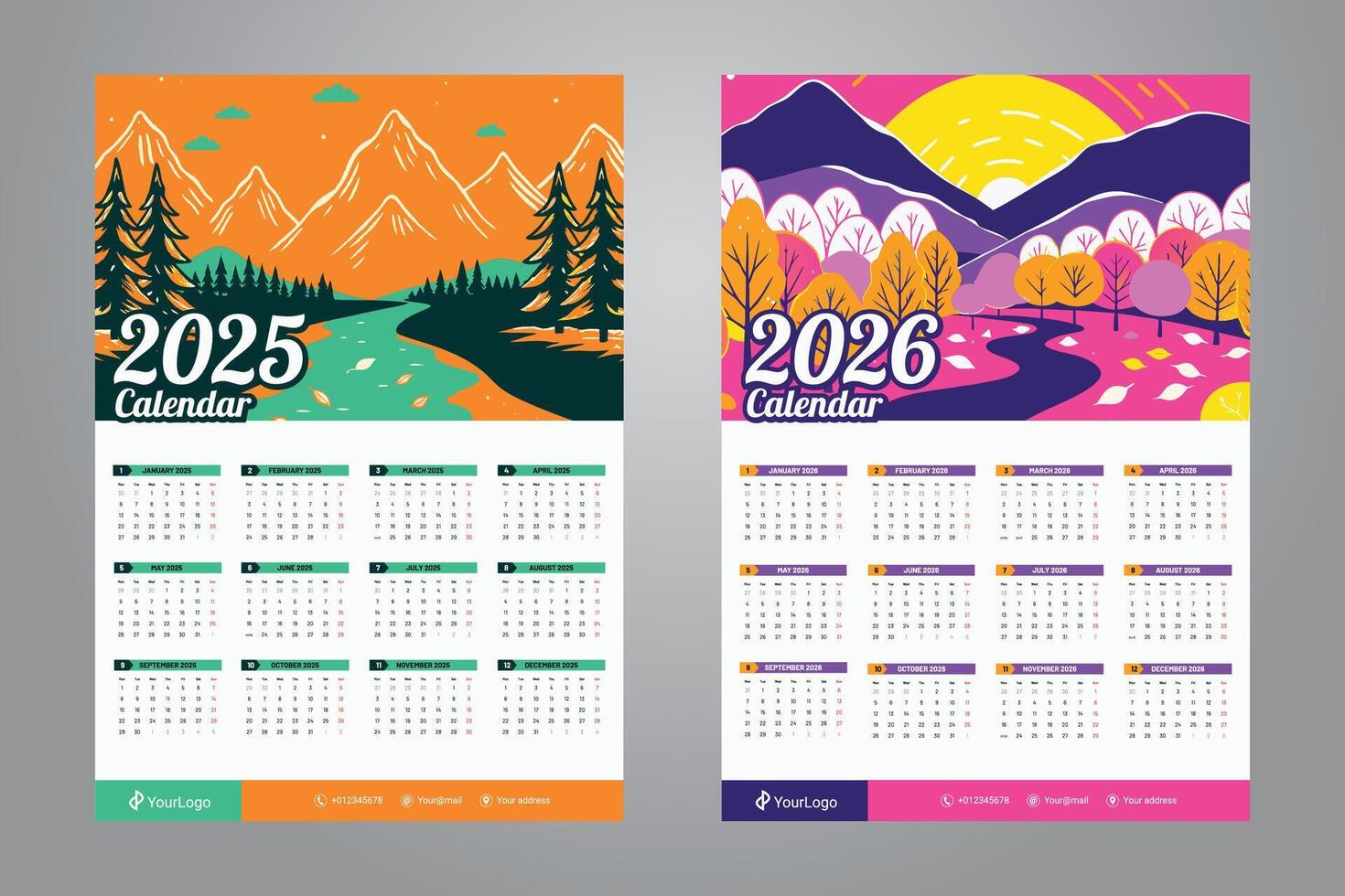 one page wall calendar design for 2025 and 2026 with pop art abstract mountain background vector