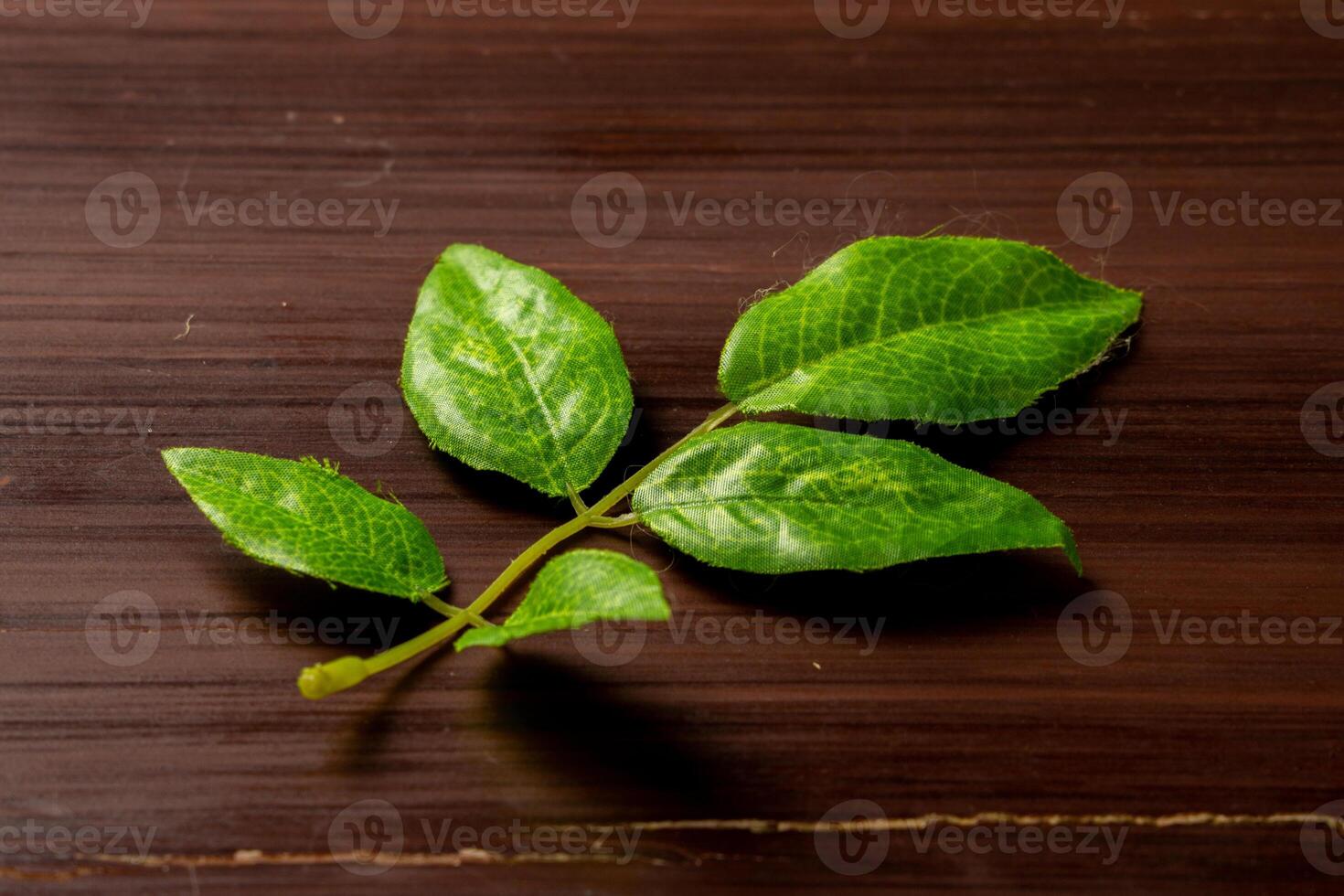 An artificial leaf placed on a wooden table, showcasing its realistic texture and vibrant green color. The leaf contrasts beautifully against the natural wood surface photo
