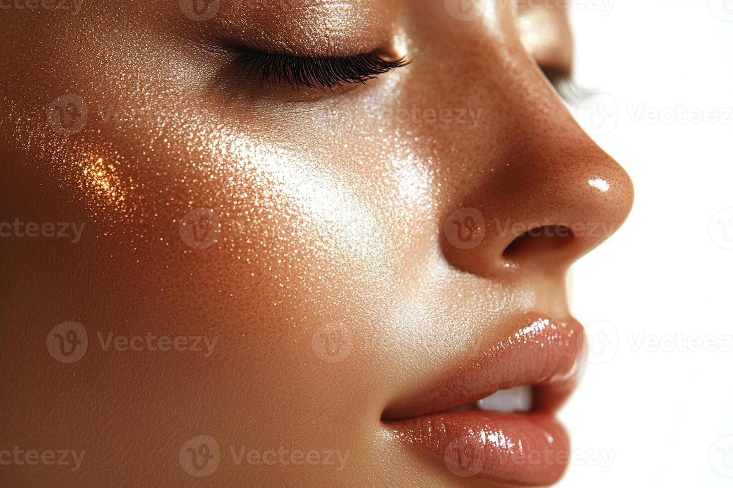 Glowing Melanin Beauty with Gold Shimmer Highlighter, Dewy Skin and Glossy Nude Lips photo