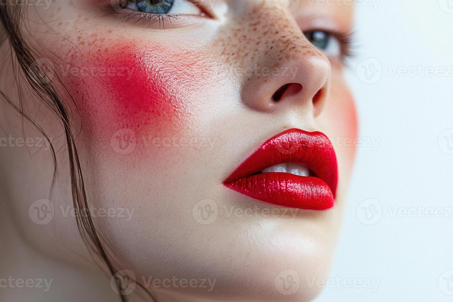 Bold and Vibrant Beauty Close Up with Red Blush and Luscious Red Lips photo
