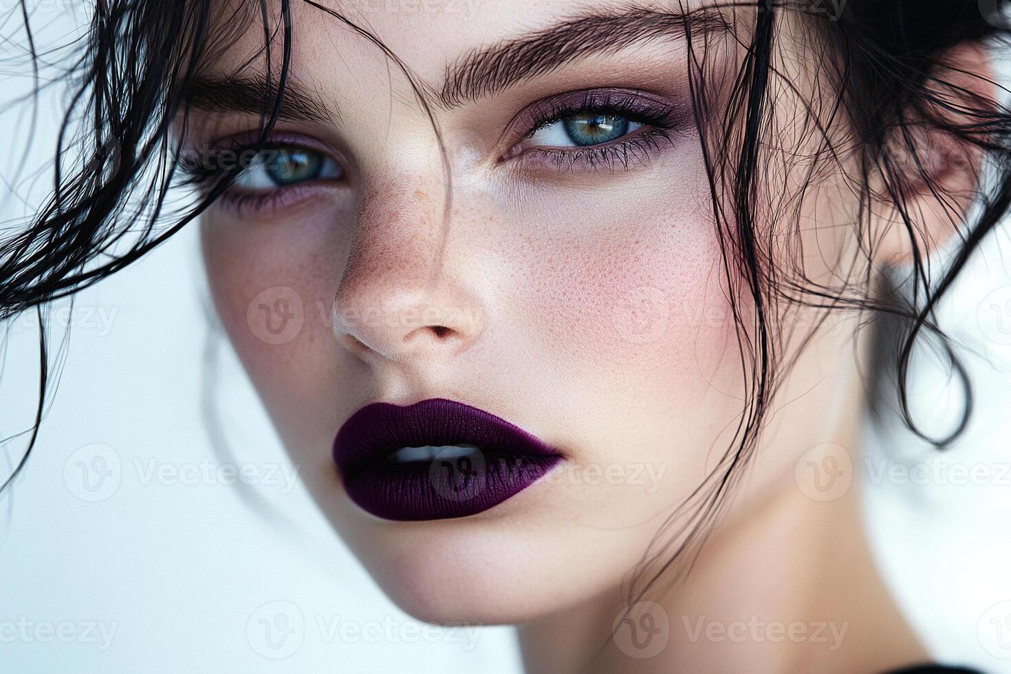 Minimalist Beauty Portrait with Dark Purple Matte Lips, Tousled Black Hair and Natural Makeup on Fair Complexion photo