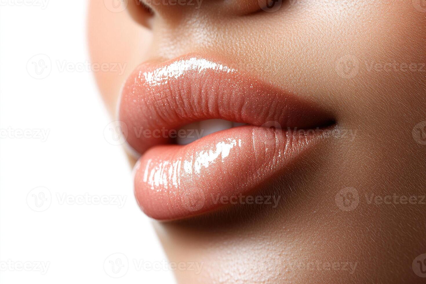 Close up of glossy pink lips with natural texture and soft glowing finish photo