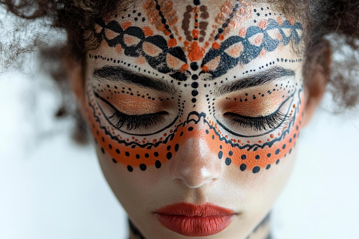 Ornate Black and Orange Face Paint Design, Curly Hair Texture and Bold Red Lipstick in Close-up Portrait photo