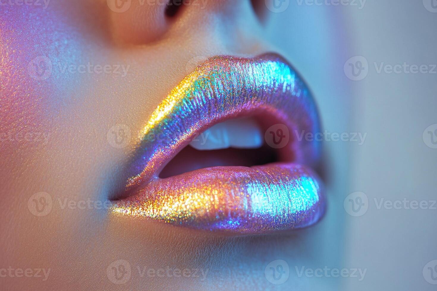 Futuristic Makeup Look with Sparkling Holographic Lip Gloss and Illuminated Skin photo