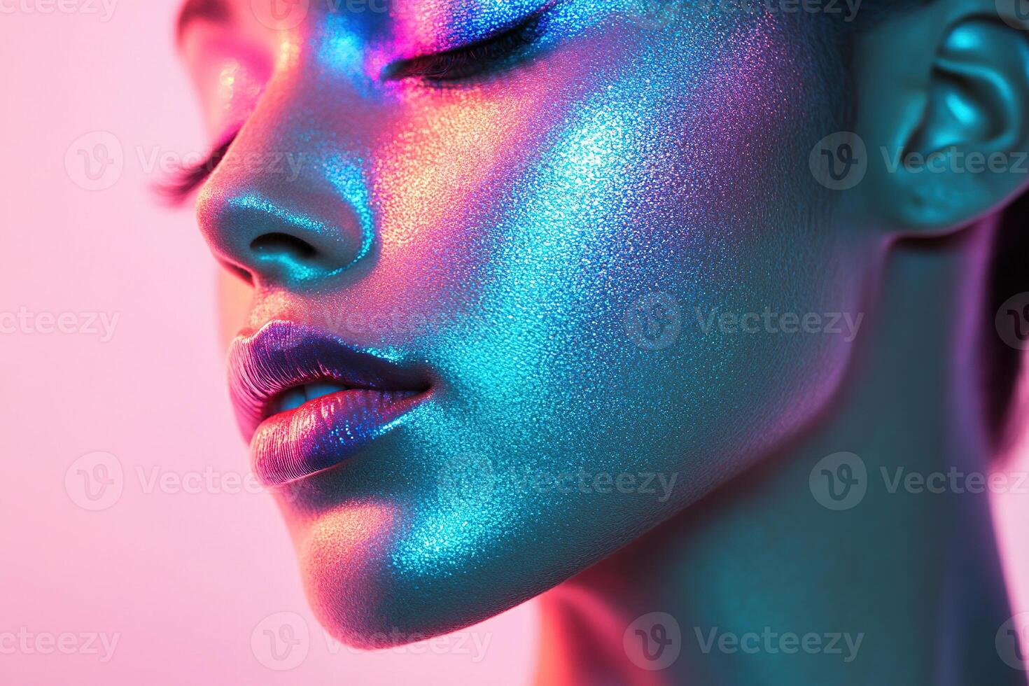 Cosmic Glamour Fashion Portrait with Holographic Glitter and Neon Pink Blue Duotone Lighting photo