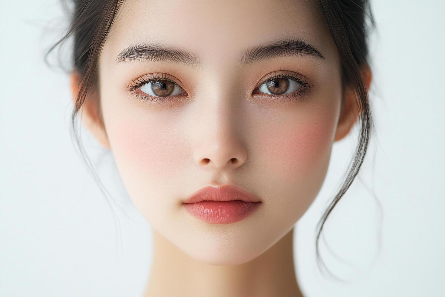 Elegant Asian Beauty Portrait with Natural Makeup and Soft Light Against White Background photo
