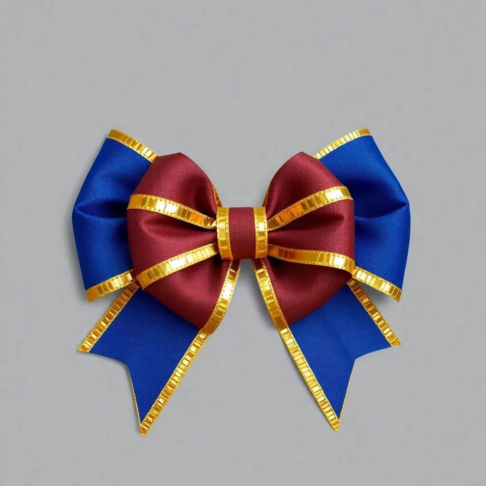 A blue and red bow with gold trim photo