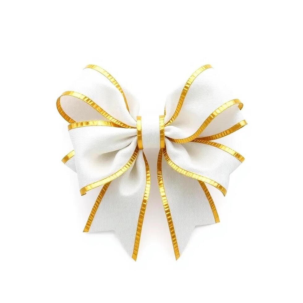A white and gold bow with a ribbon on top photo