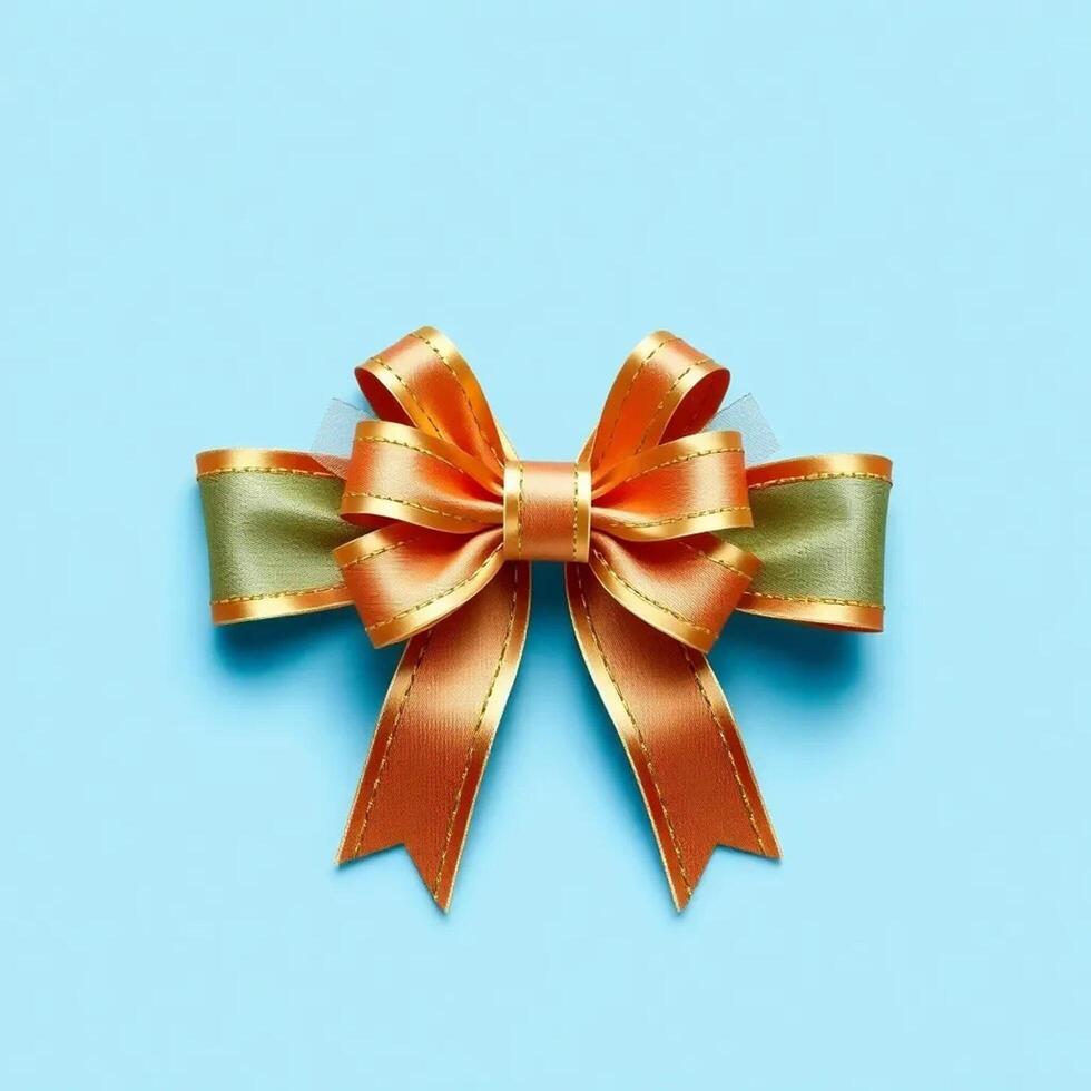 A golden ribbon with a green bow on a blue background photo
