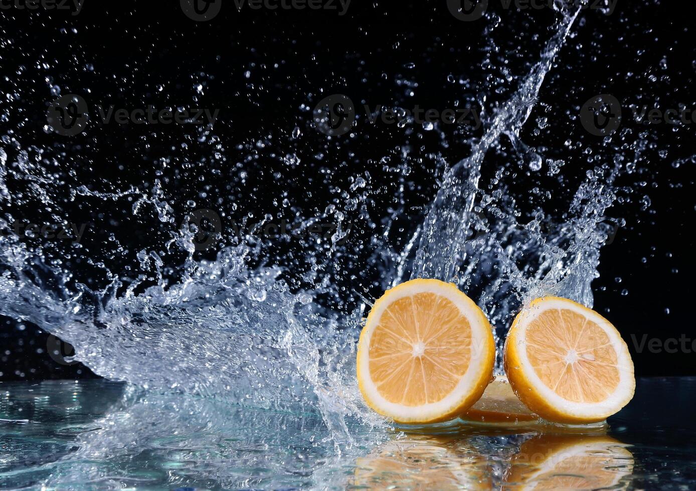 Sliced lemon in the water on black background photo
