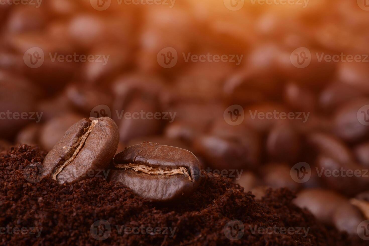 Closeup of coffee beans at roasted coffee heap. photo