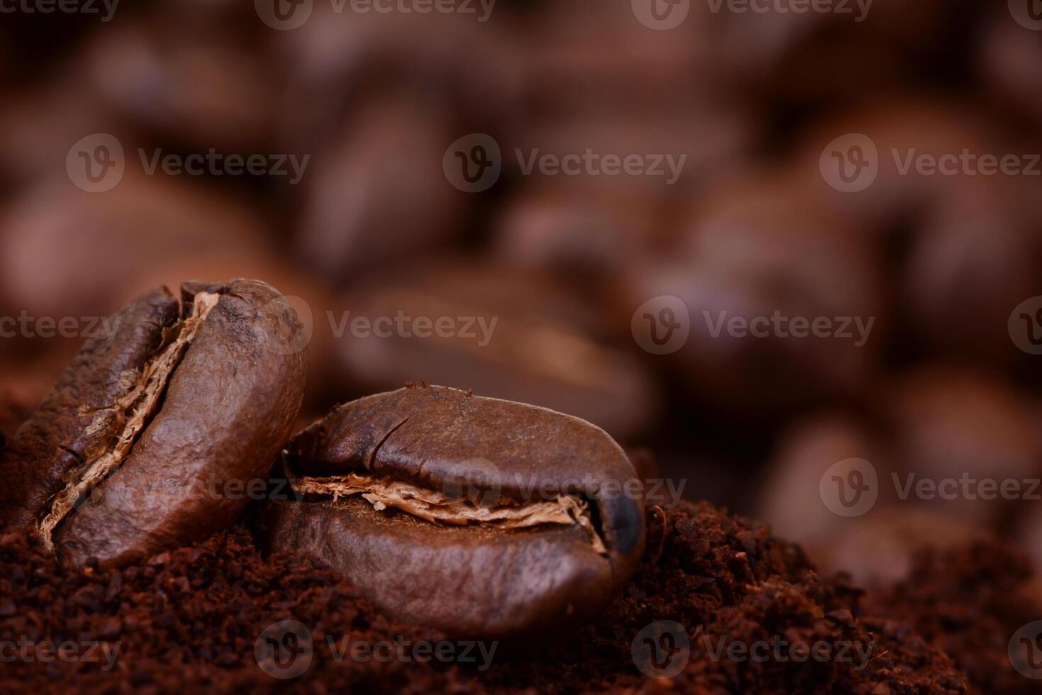Closeup of coffee beans at roasted coffee heap. photo