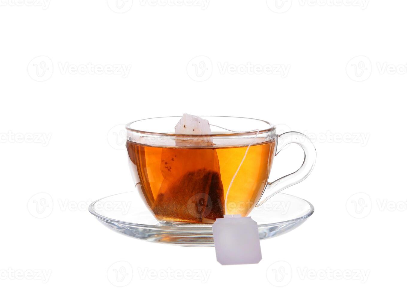 Glass of Tea with Bag End. Isolated on white background, with clipping path photo