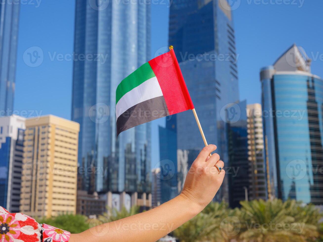 female hand holding tiny flag of UAE photo
