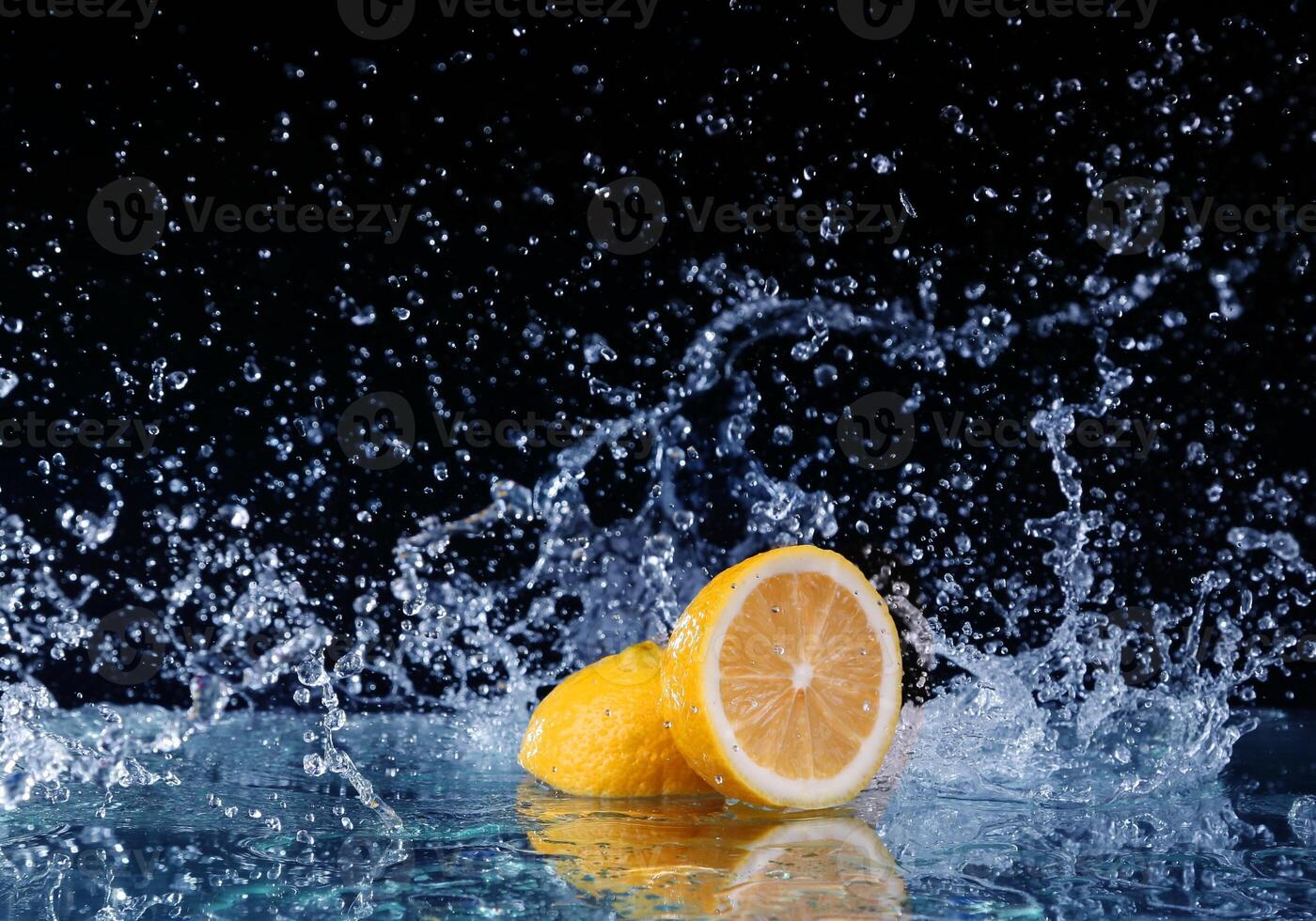 Sliced lemon in the water on black background photo