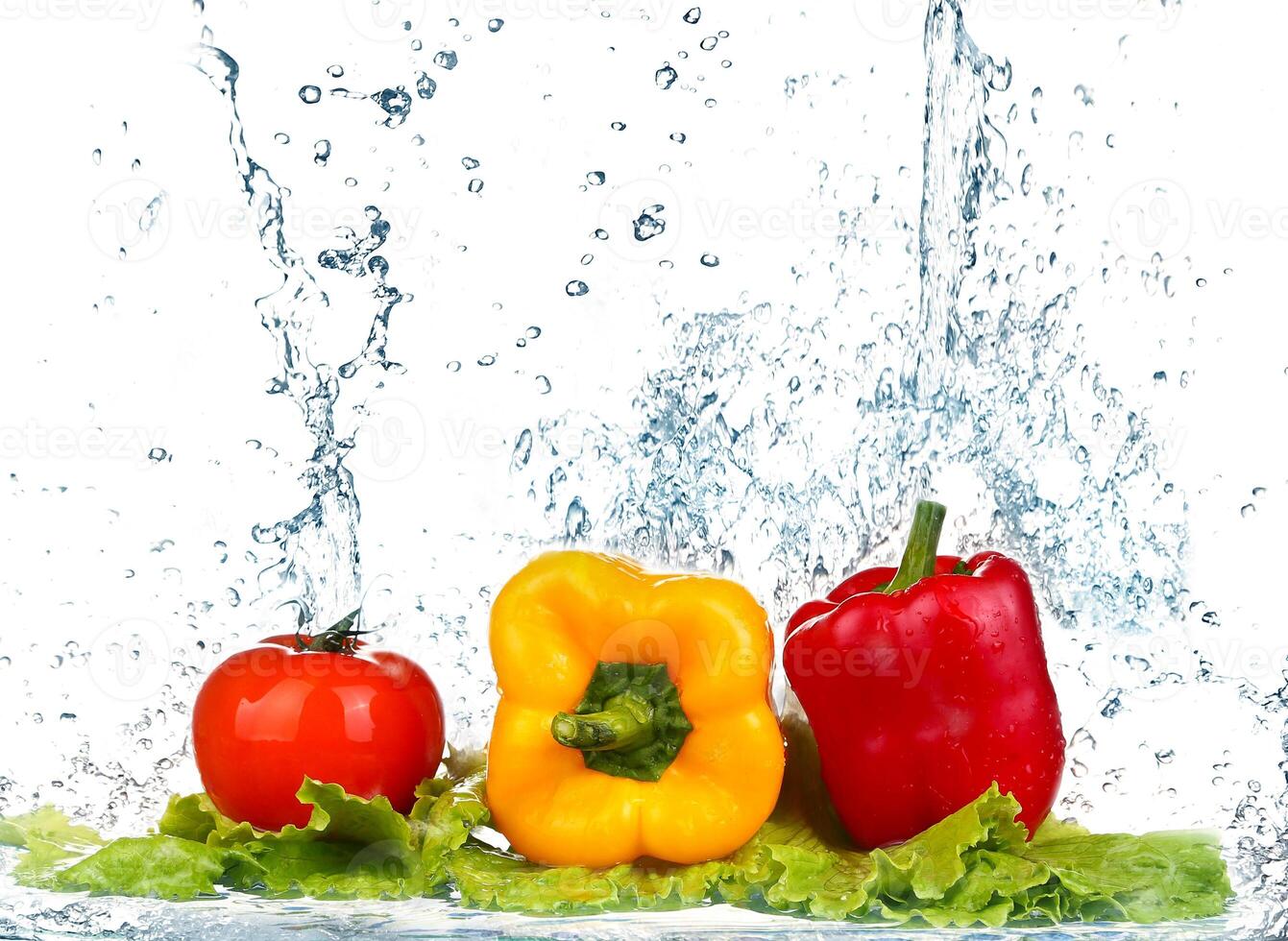 fresh water splash on red sweet pepper on white background photo