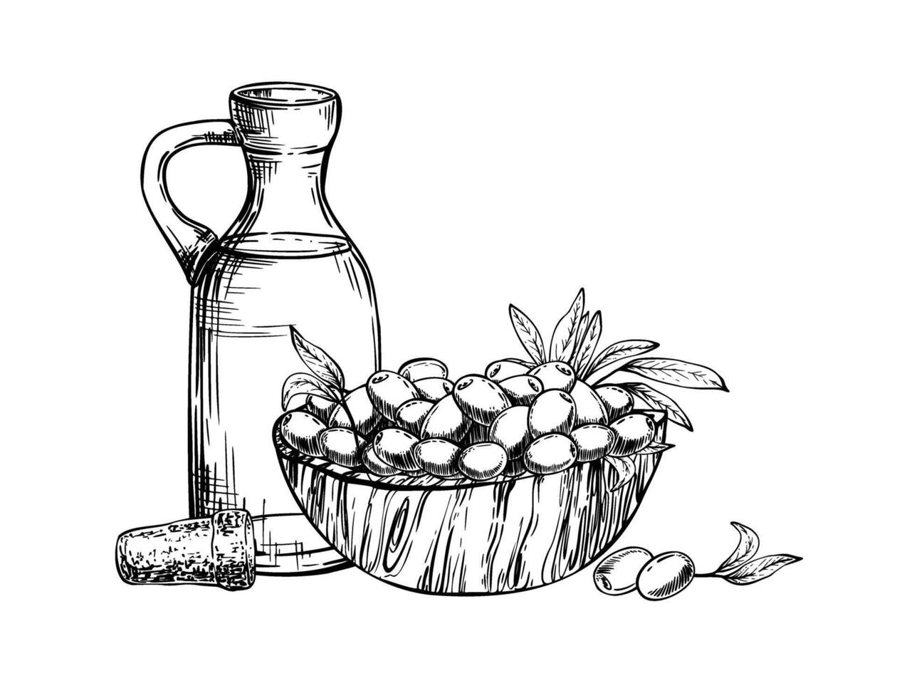 Glass bottle with olive oil with cork and a wooden bowl with olive fruit berries and leaves. illustration. Carafe with food sauce. Ink line art hand drawn illustration isolated from background vector