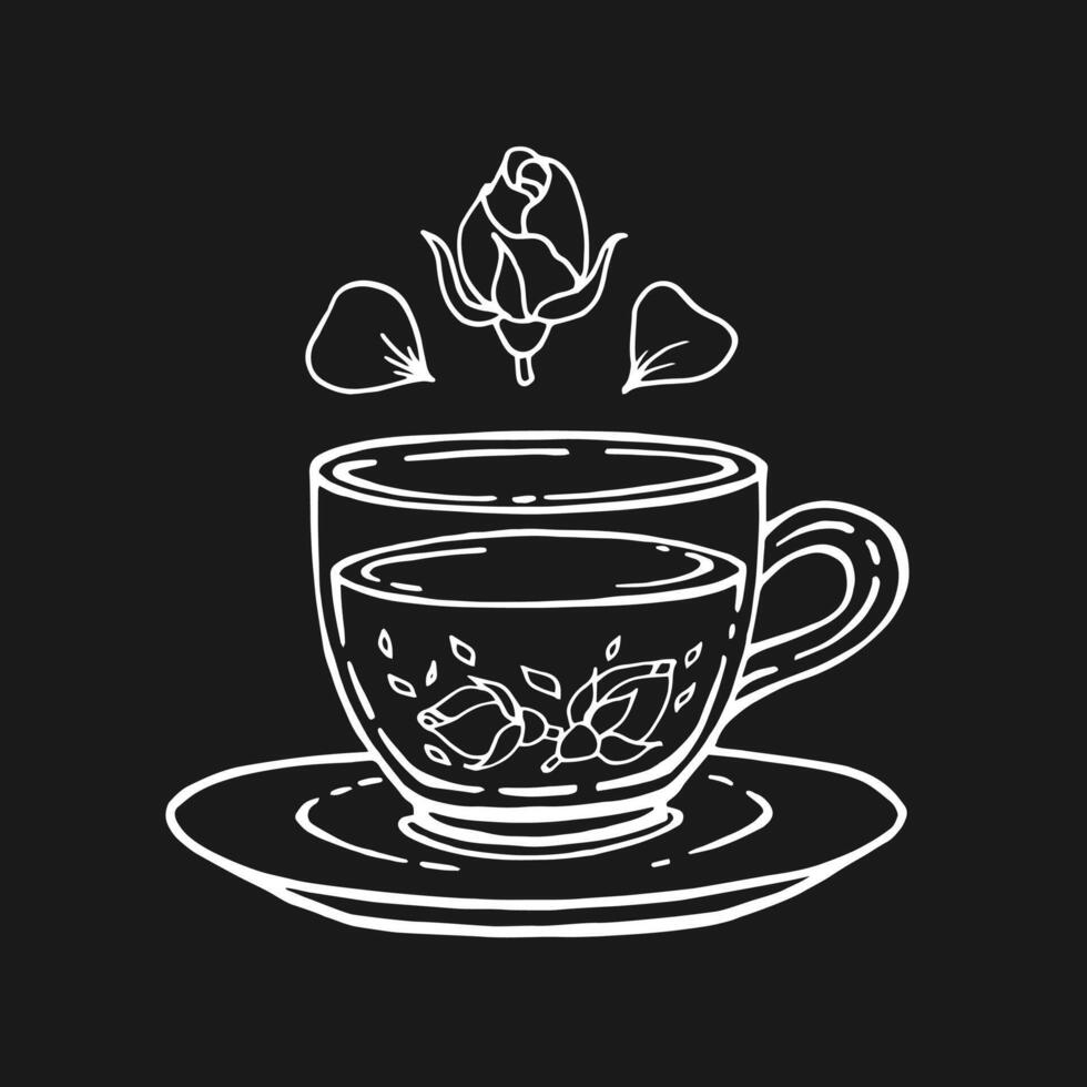 Glass cup of tea, rose. Hand drawn illustration in outline style. vector