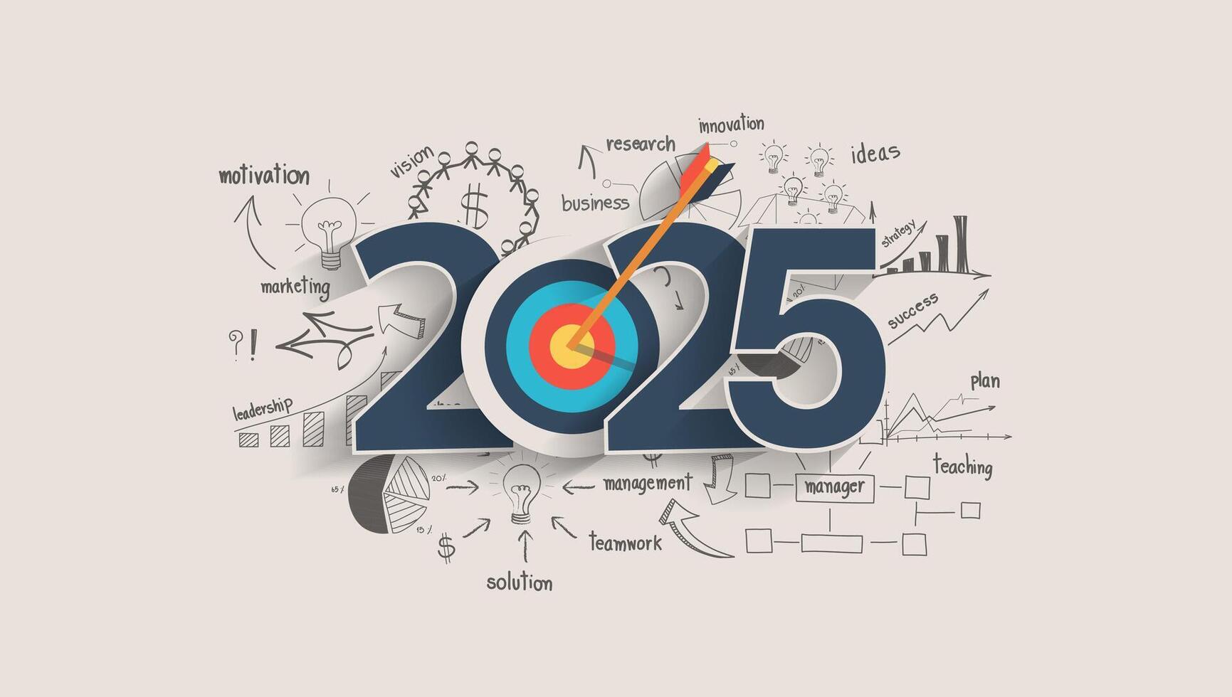 2025 new year target audience concept, Creative thinking drawing charts and graphs business success strategy plan idea on target dart with arrow, illustration modern layout template vector