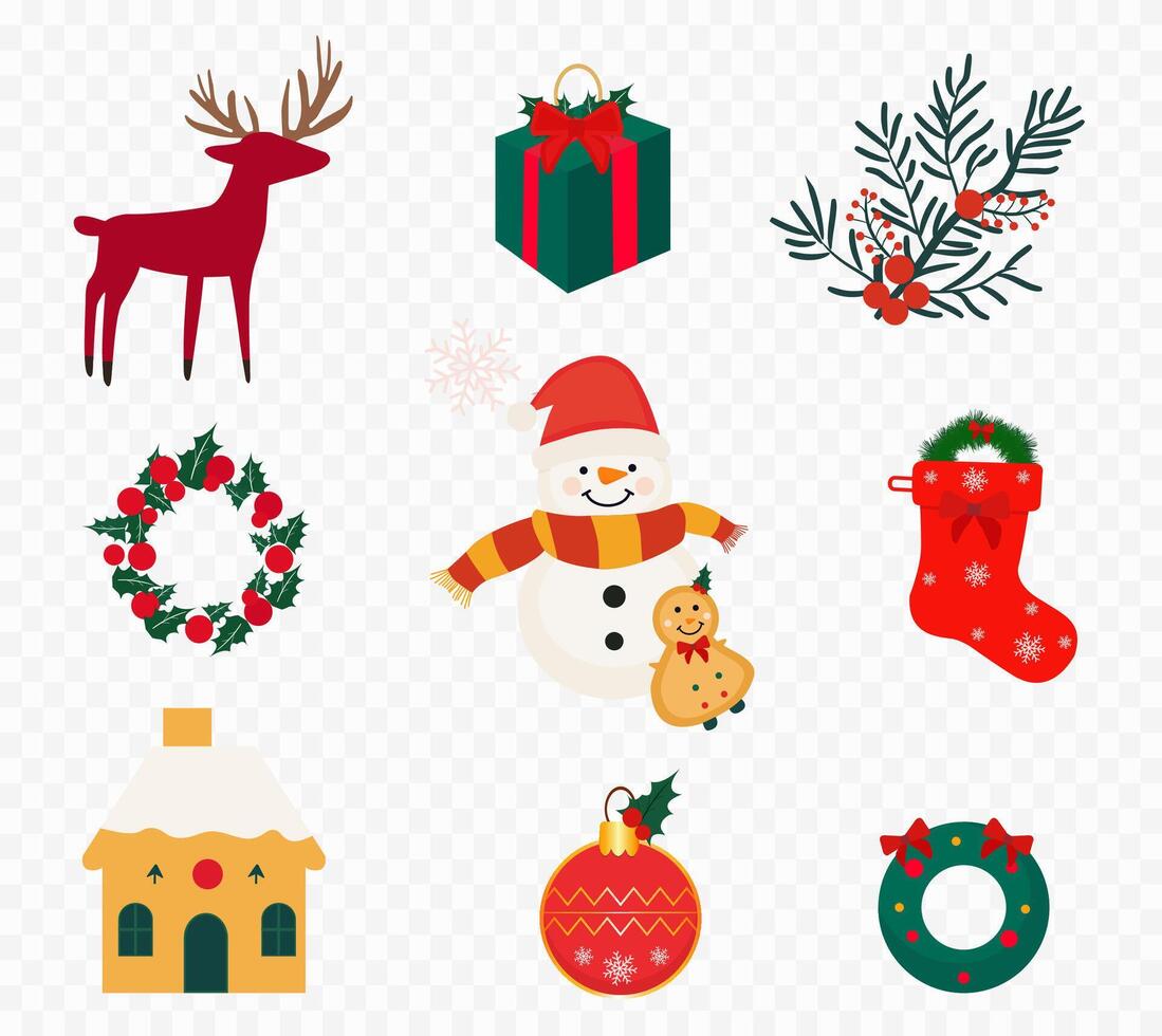 Set of Christmas icons elements design, Gift box, Stocking, Wreath, cookies, Christmas tree, candy, cookies, showman, house, Deer vector
