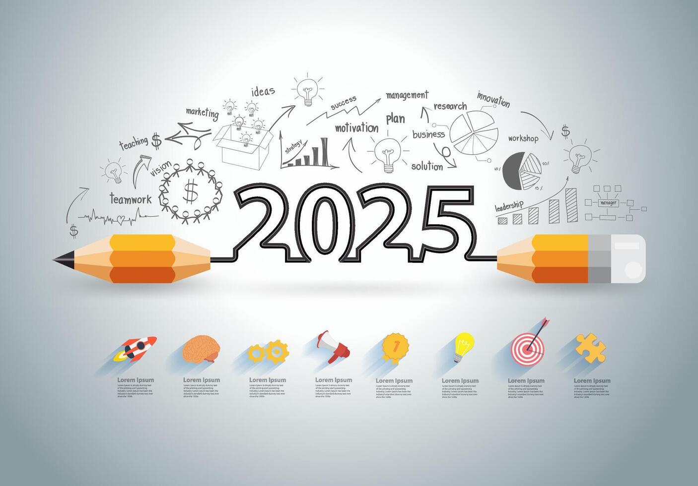 2025 new year target audience concept, Creative thinking drawing charts and graphs business success strategy plan idea on target dart with arrow, illustration modern layout template vector