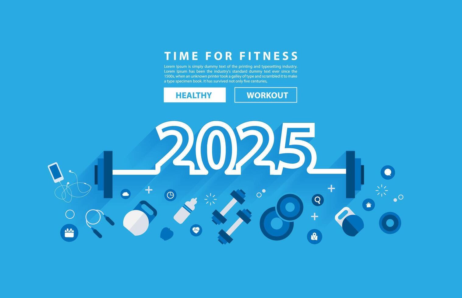2025 new year fitness concept workout typography alphabet design with equipment. illustration