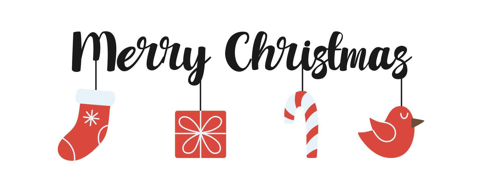 Festive Christmas illustration Merry Christmas text with hanging decorative elements a red stocking, gift box, candy cane, and bird. vector