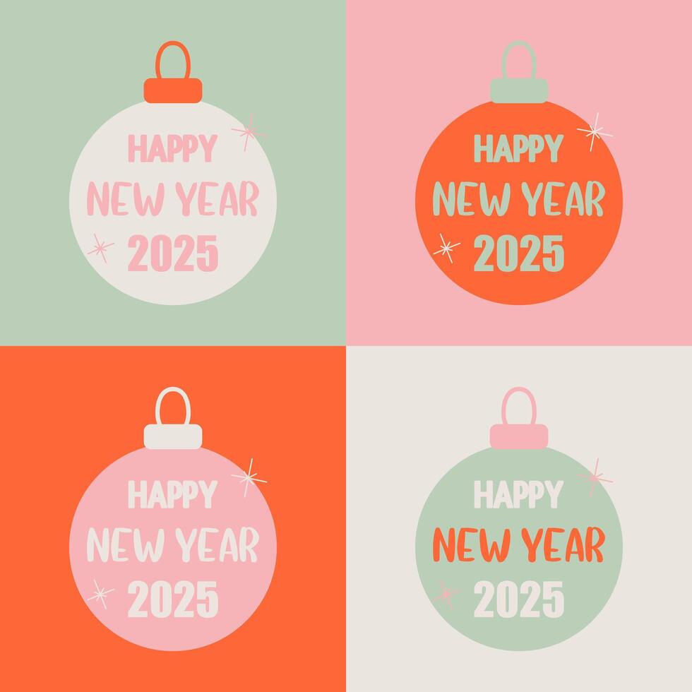 Colorful Happy New Year 2025 illustration featuring festive ornaments in pastel and vibrant tones, arranged in a grid layout with modern typography. vector