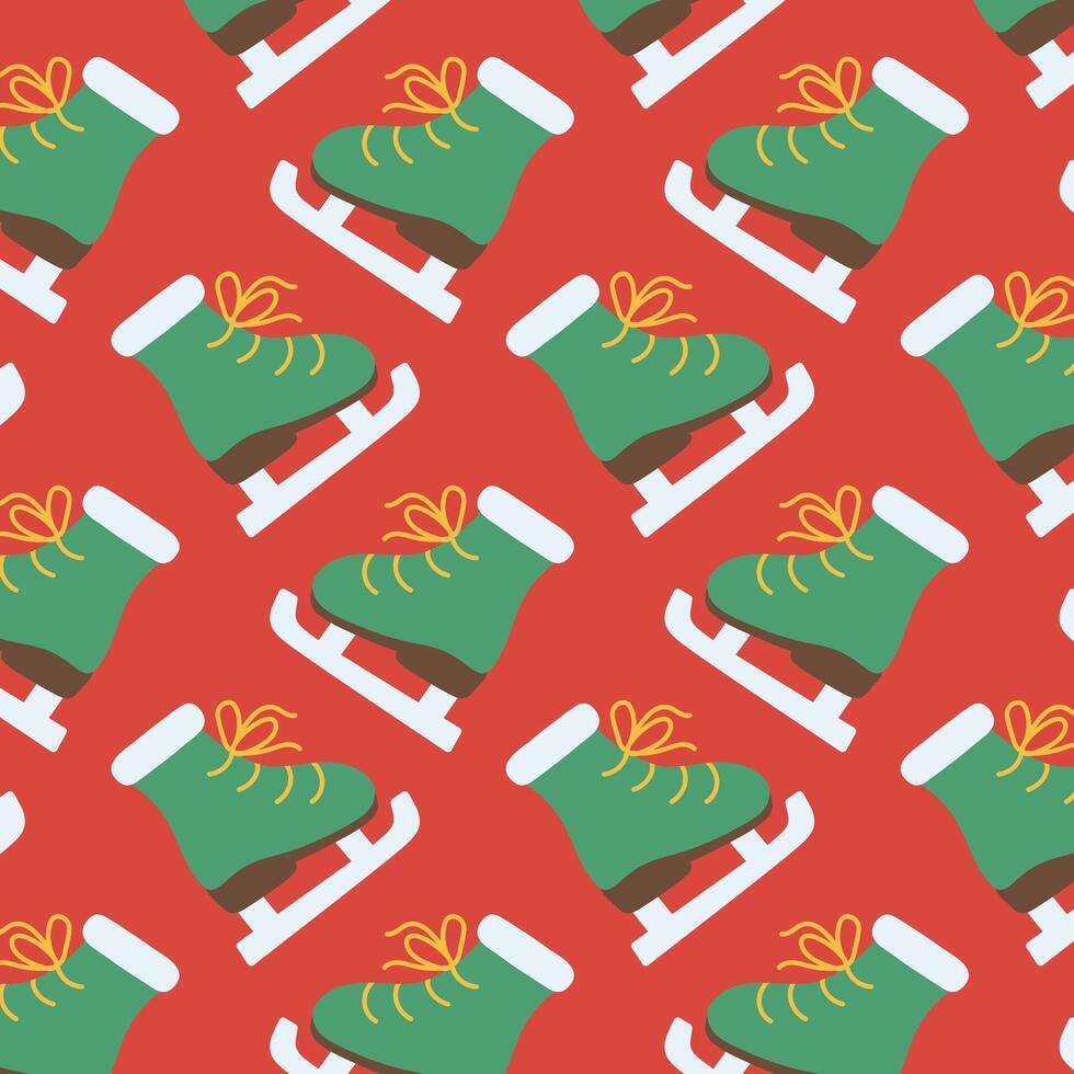 Seamless pattern of green ice skates with yellow laces on a red background in a flat design style. vector