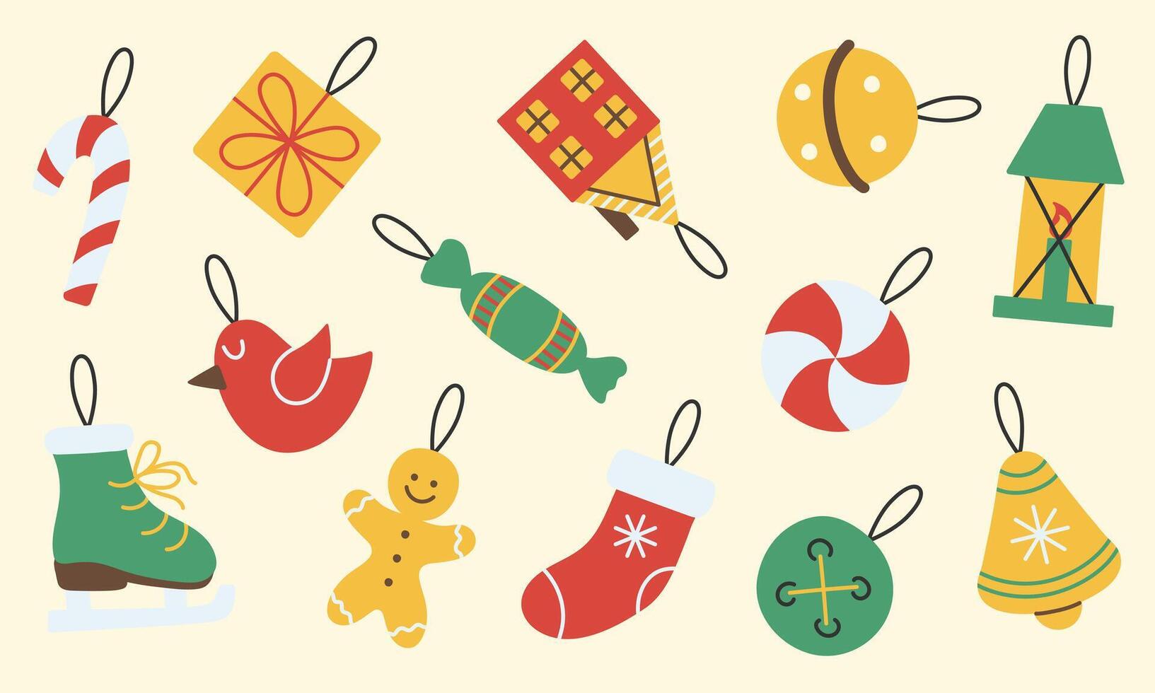 Set of colorful Christmas decorations in a flat design style, including candy canes, gifts, bells, and festive ornaments on a light background. vector