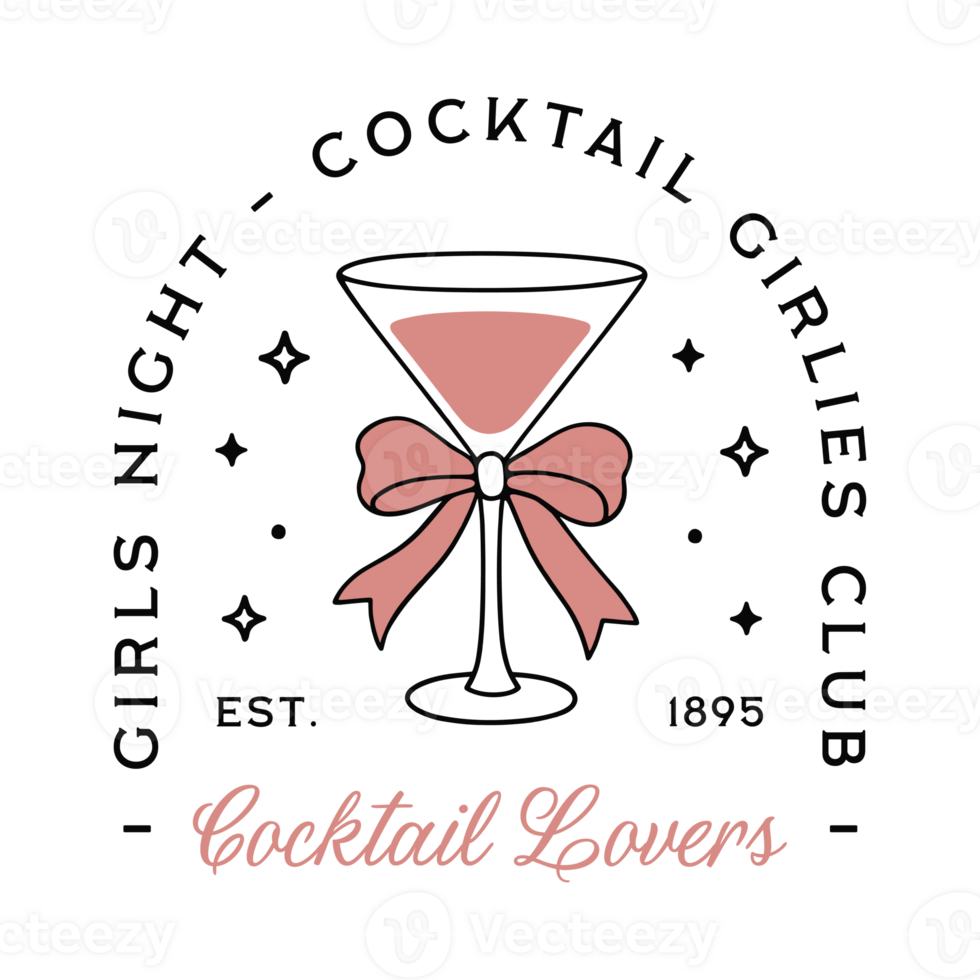 Cocktail lovers girls night besties squad birthday bachelorette party invitation card shirt design martini glass bow black pink coquette preppy fancy aesthetic isolated drawing transparent background png